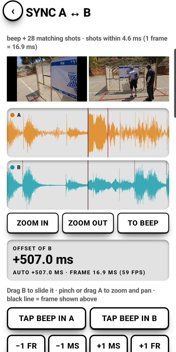 Multicam sync screen with two waveforms